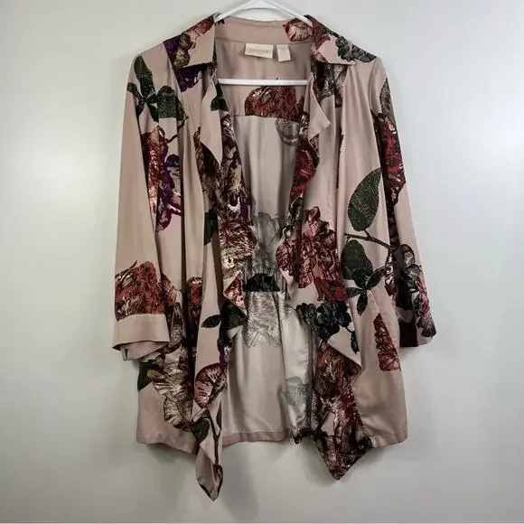 Romantic Pink Floral Ruffle Chico's Open Front Cinched Back Jacket Small Spring - Picture 10 of 12